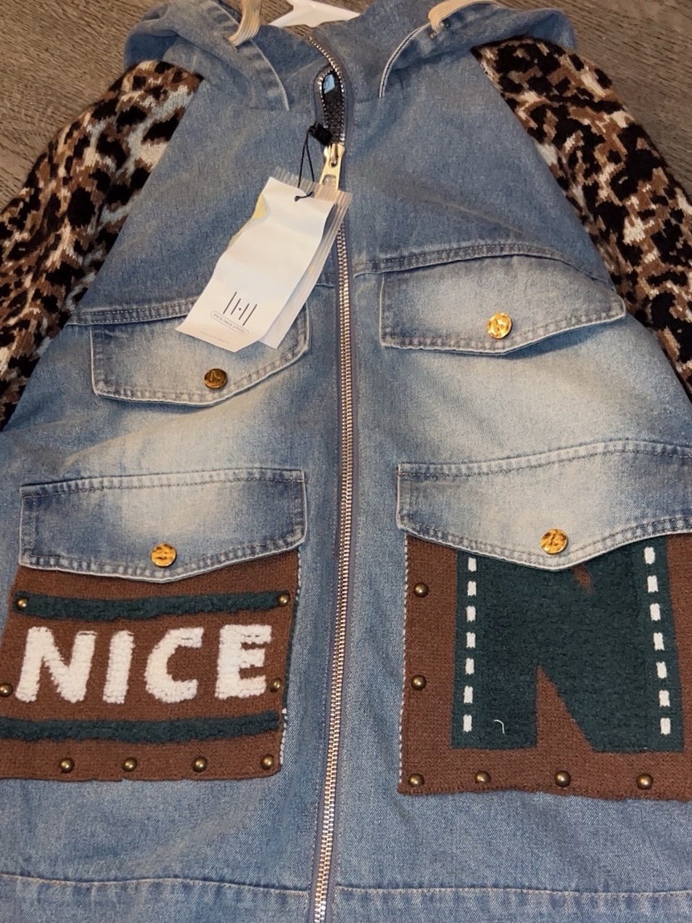 Blue Denim Hooded Jacket with Patterned Sleeves